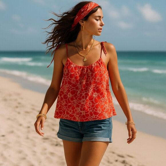 Buffalo David Bitton XS Rosie Red Embroidered Eyelet Halter Spaghetti Strap Top - Picture 1 of 8